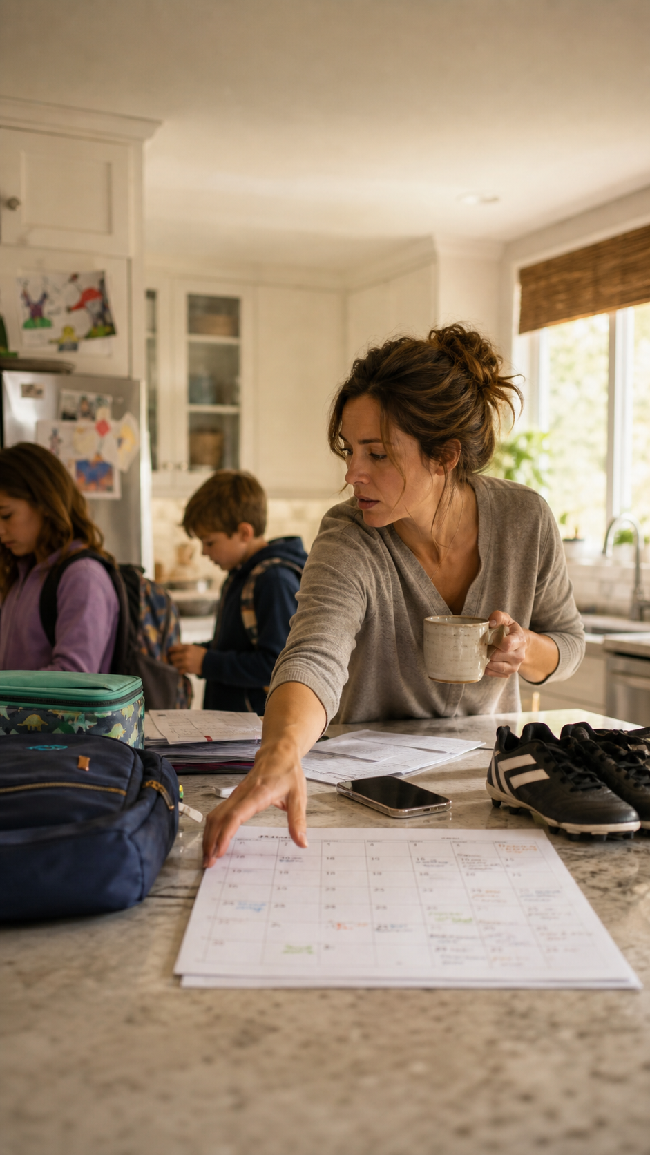 A parent and children getting ready together at the kitchen table